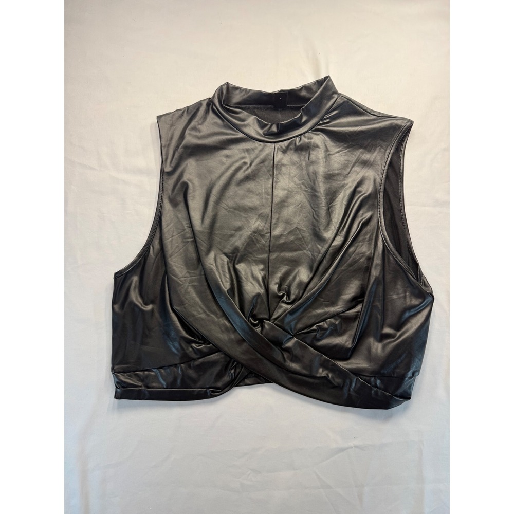 Shein Curve Womens 4XL Black Faux Leather Twist Front Mock Neck Crop Top Tank